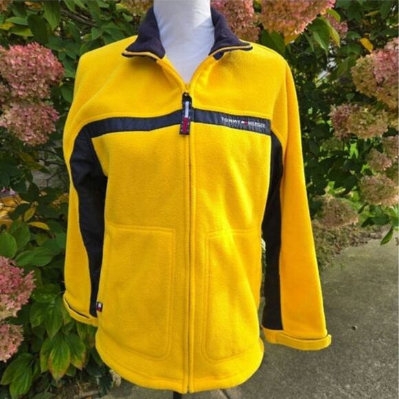 Y2k Tommy Hilfiger Jeans Yellow Jacket Colorblock Fleece Mixed Media size Large - Picture 2 of 16